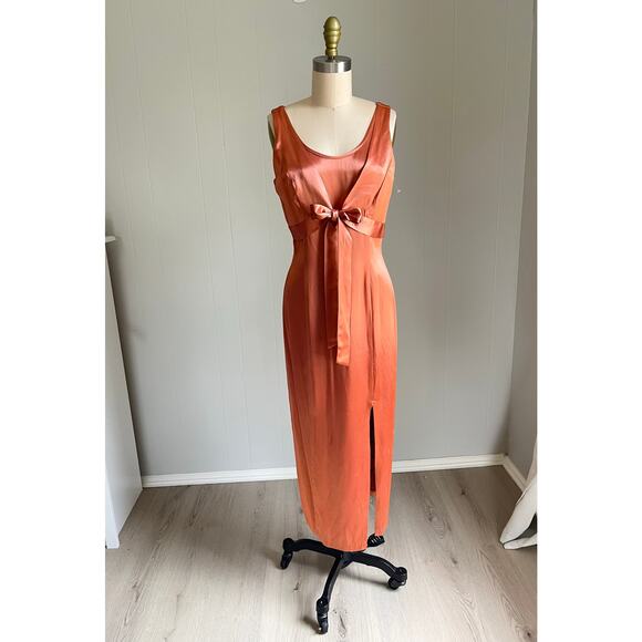 Vintage 90s Y2K Just Choon Peach Copper Satin Dress 7 Maxi Midi Vamp Vixen Shiny - Picture 3 of 16